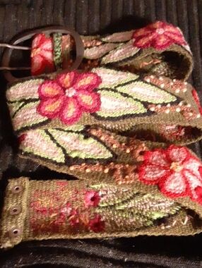 Floral Embroidered Women’s Belt - Olive Green with Pink Flowers 39" Full Length